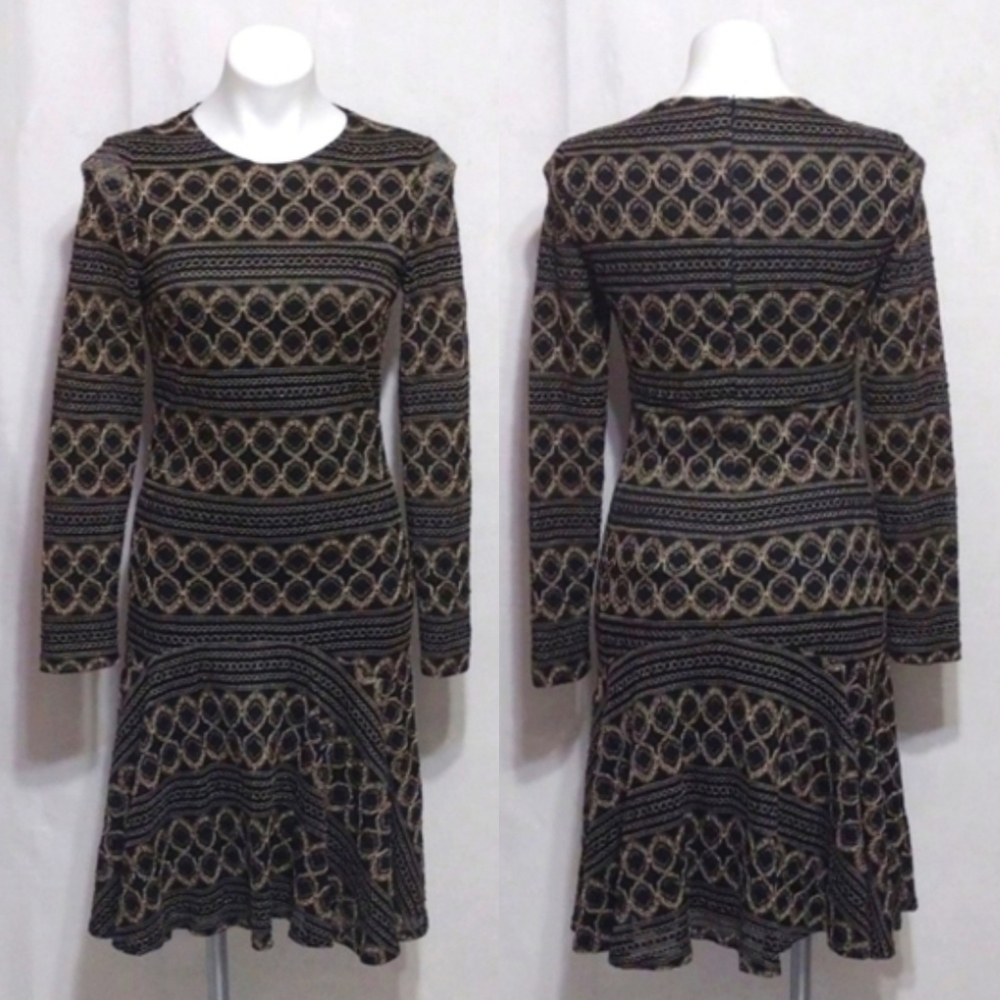 Joseph Ribkoff Gold Stitch Jersey Dress US 6 Long Sleeve Tiered Chic Elegant